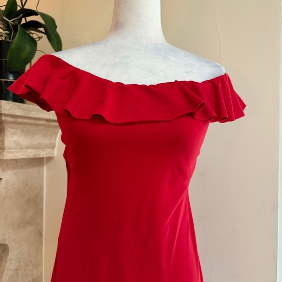 Susanna Monaco Red Ruffle Slit Maternity Gown Womens Size S Formal Off Shoulder - Picture 6 of 16